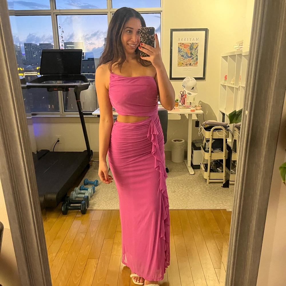 Hello Molly “Another Party” One-Shoulder Mesh Maxi Dress – Magenta (US 6 / M)
